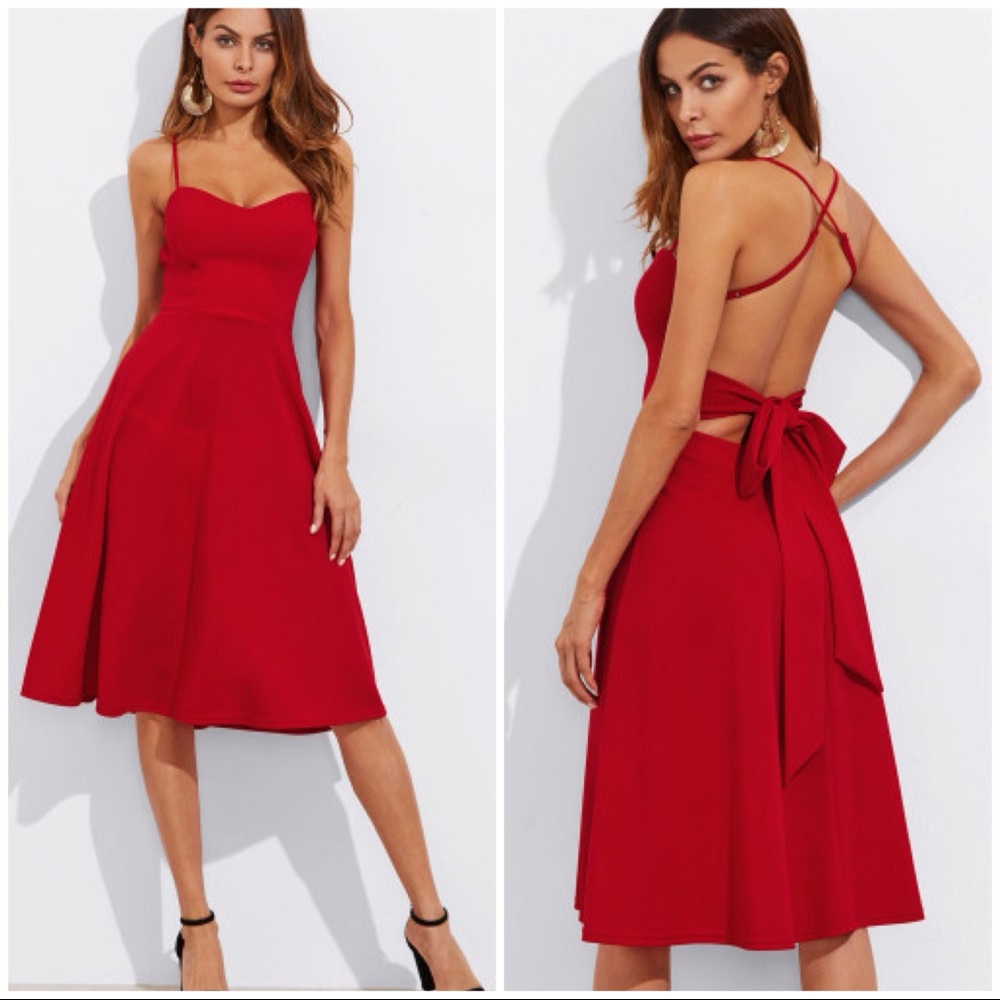 RED Crisscross Belted Back Fitted & Flared Dress